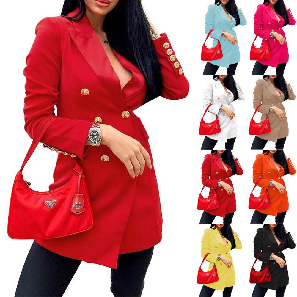 Red double-breasted midi blazer with gold buttons and long sleeves