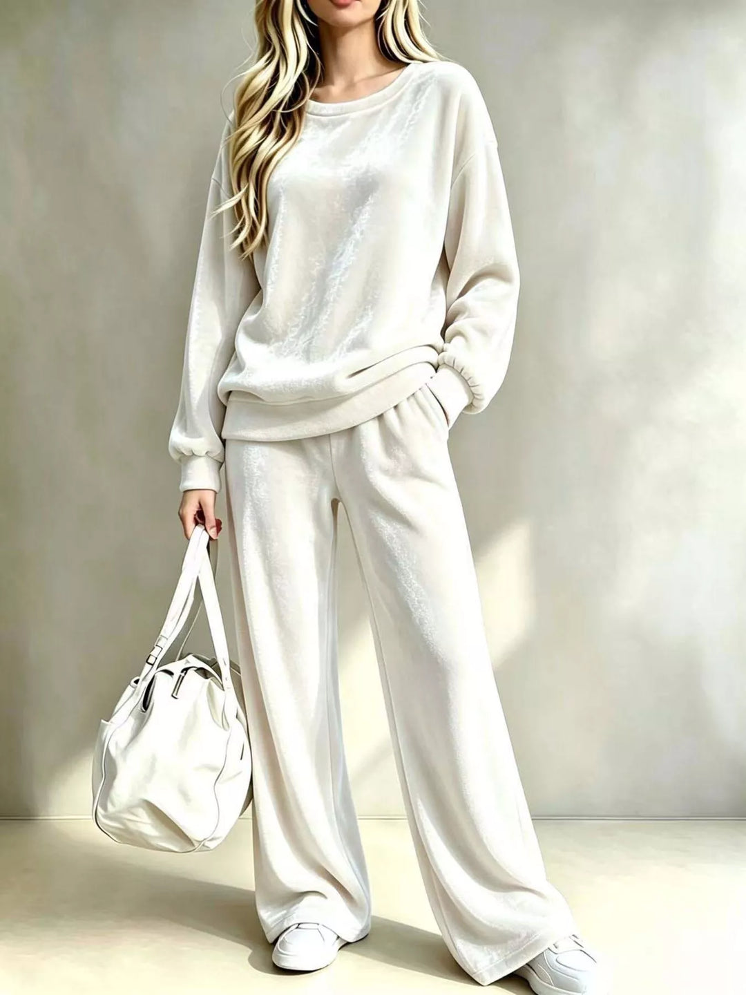 Women's White Velvet Two-Piece Set With Dropped-Shoulder Top And Wide-Leg Pants, Front View