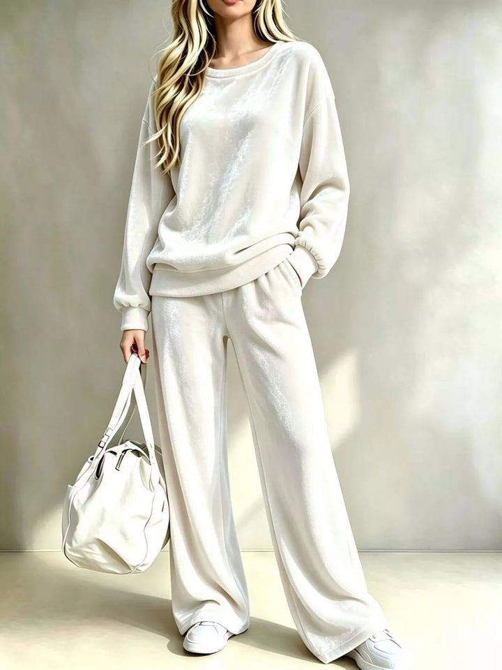 Women's White Velvet Two-Piece Set With Dropped-Shoulder Top And Wide-Leg Pants, Front View