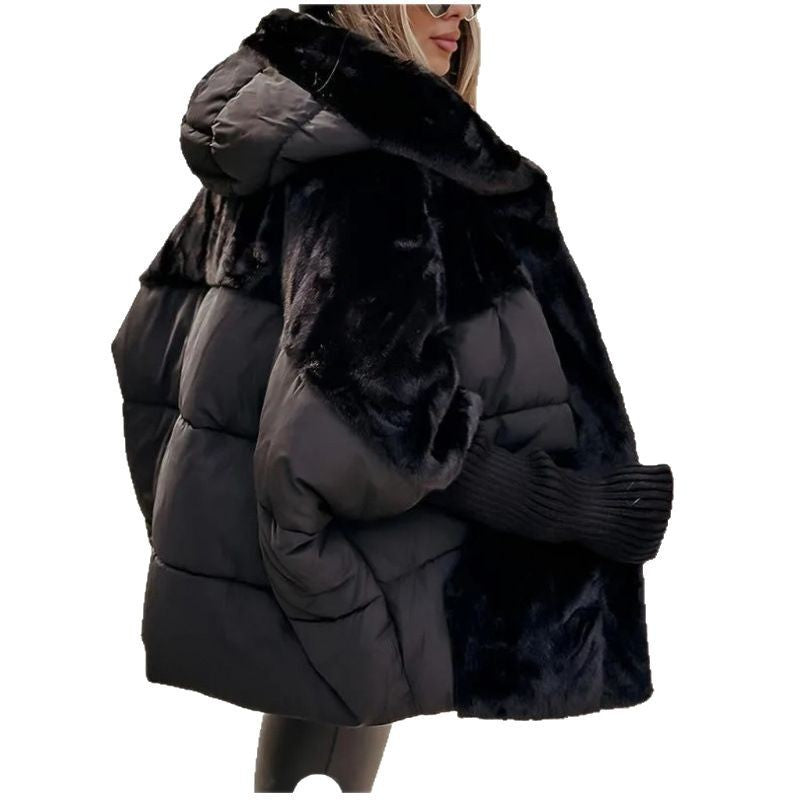 Women’s Black Hooded Patchwork Winter Jacket Showing Side And Back Panel Details