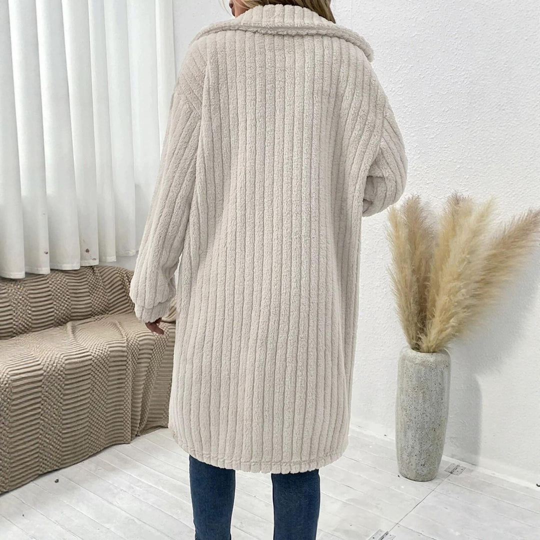 Back View Of Women’s Plus Size White Textured Coat Showing Long Sleeves And Mid-Length Hem