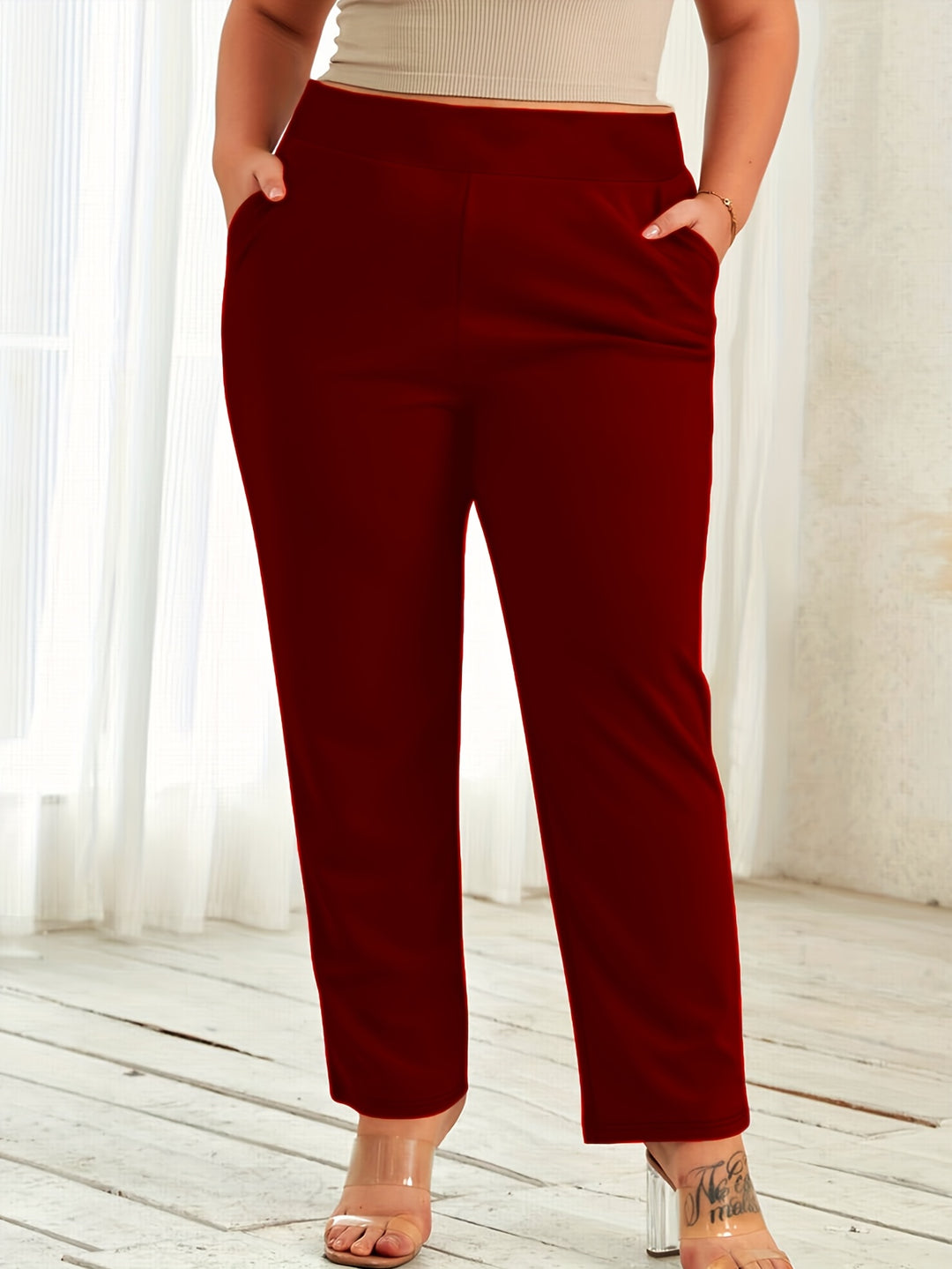 All-Day Comfort Mid-Stretch Straight Leg Plus Size Fit Pants - Flossy Mom