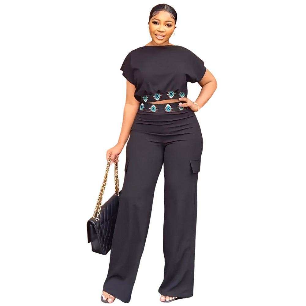 All-matching Loose Short-sleeved Exposed Navel Top and Pants Set