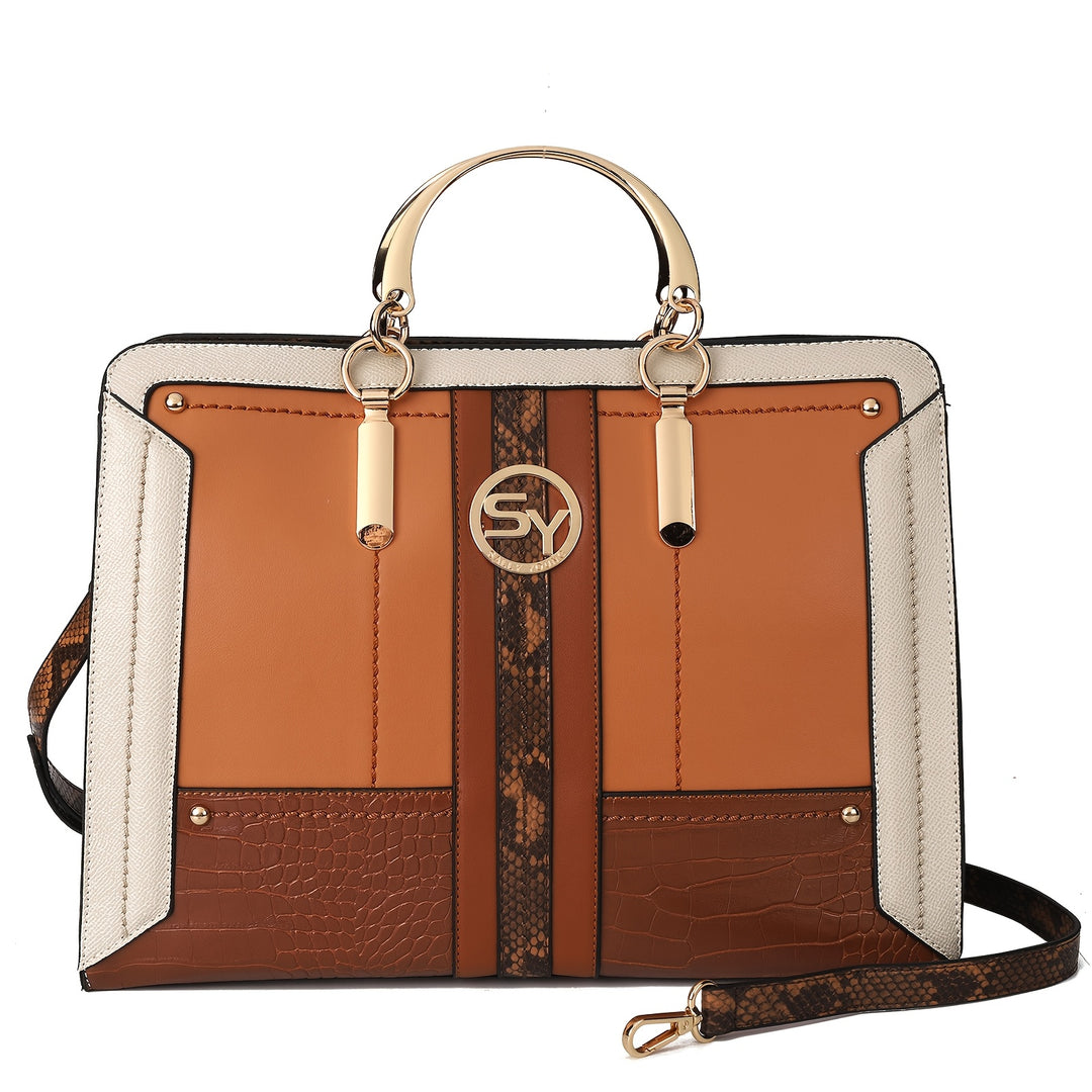 Multicolored handbag with gold handle and strap on a white background