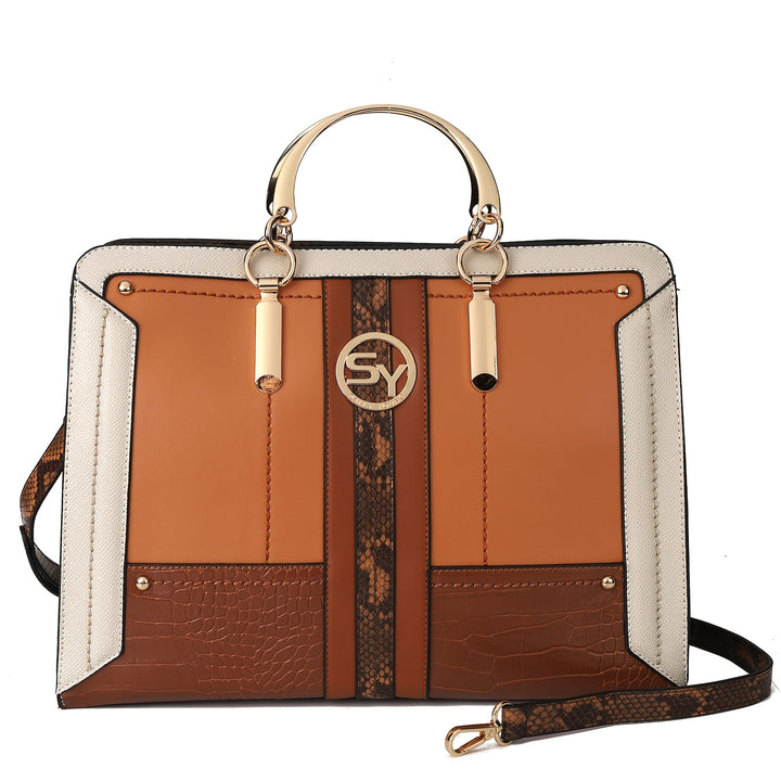 Multicolored handbag with gold handle and strap on a white background