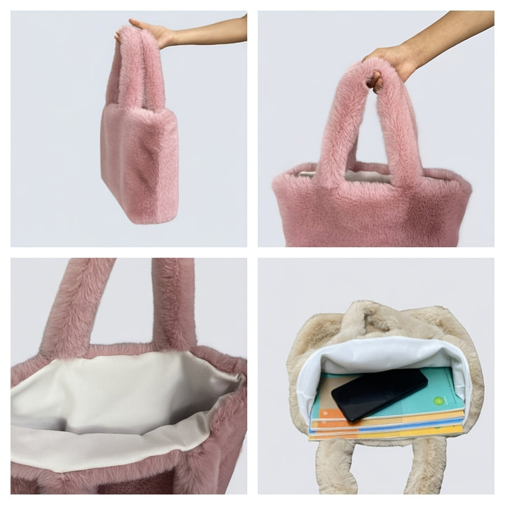 Oversized Fluffy Faux Fur Handbag with Cosmetic Pouch - Flossy Mom