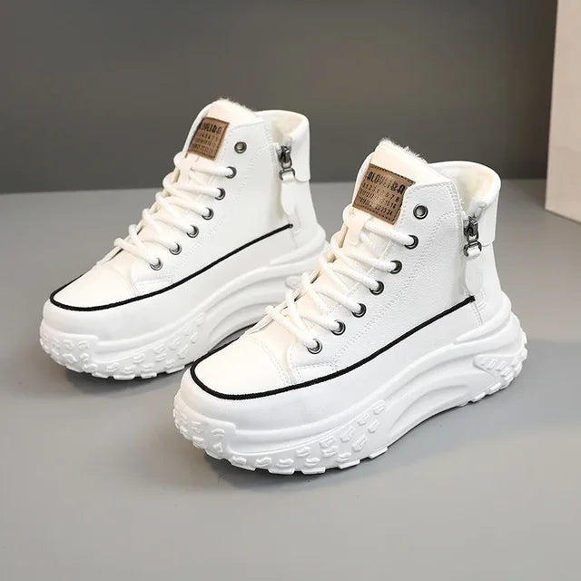 Women's Trendy High-Top Platform Sneakers In White — Side Zipper Lace-Up Closure