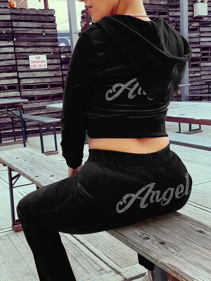 Rhinestone Anglel Print Hooded Velvet Tracksuits - Flossy Mom