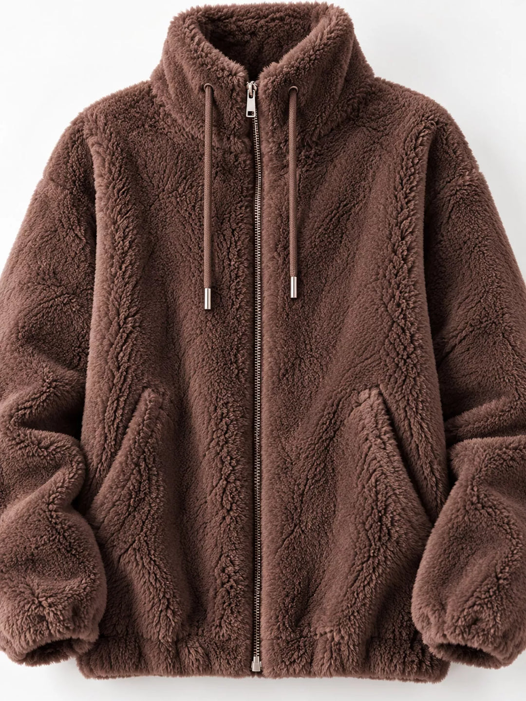 Plus size faux fur zip jacket with stand collar and drawstring, dark brown close-up