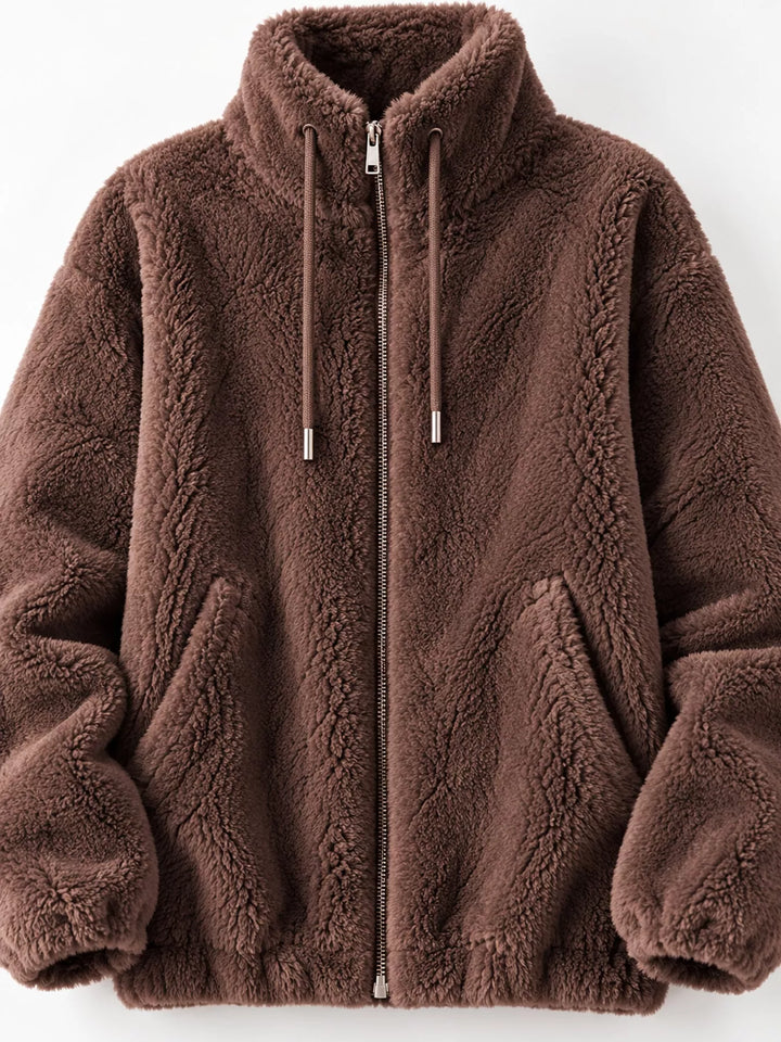Plus size faux fur zip jacket with stand collar and drawstring, dark brown close-up