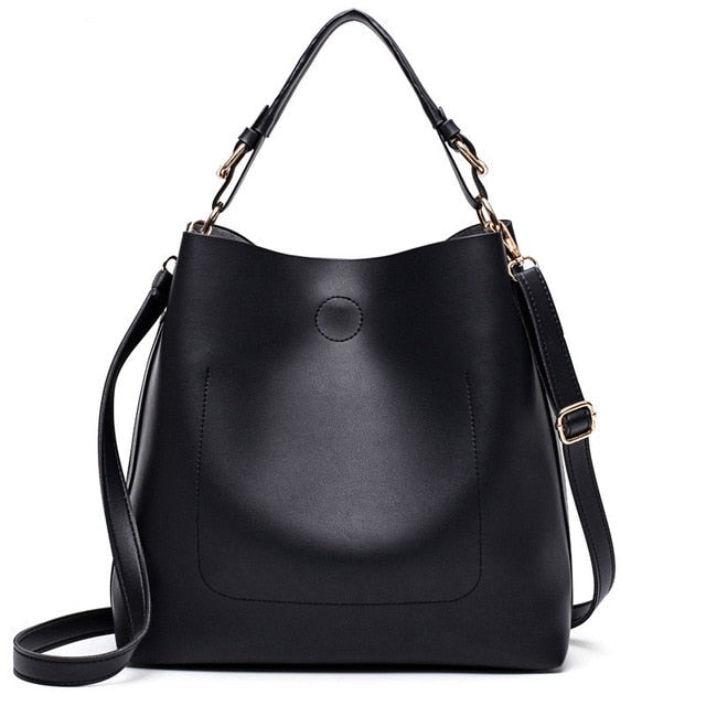 Black leather-look large shoulder hobo bag with top handles and adjustable side strap