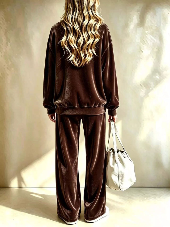 Women's Brown Velvet Top And Wide-Leg Pants Set, Back View