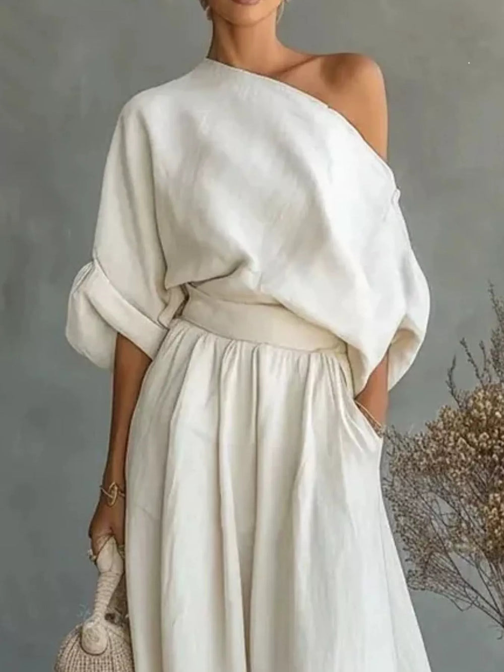 Plus-size one-shoulder top and wide-leg pants set, white, draped one-shoulder