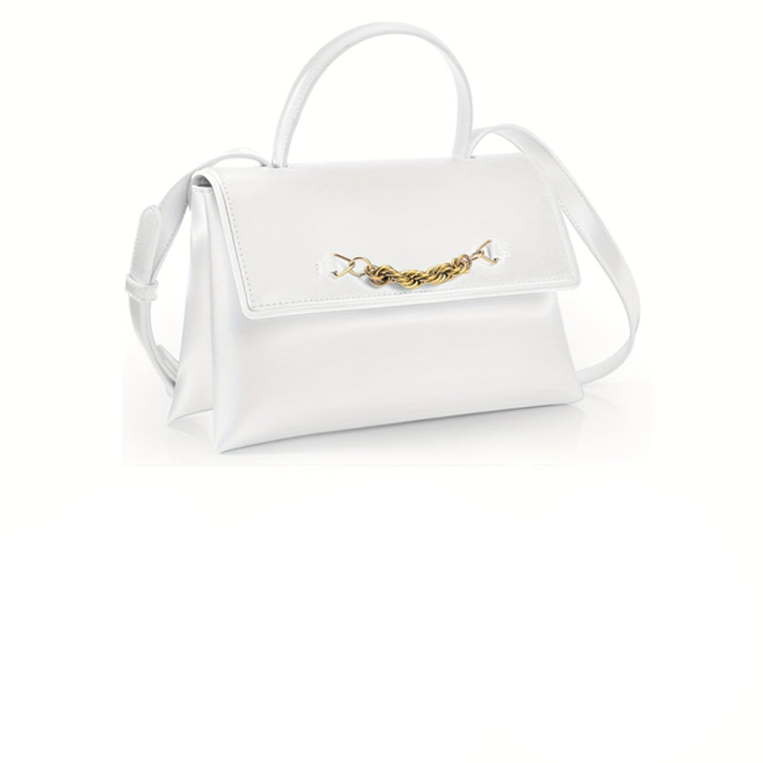 Set of four handbags in white, black, orange, and another color on a white background