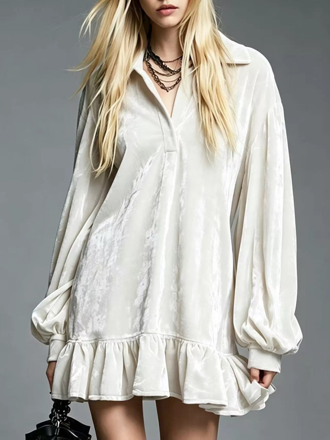 White velvet long-sleeve mini dress with button front and ruffle hem