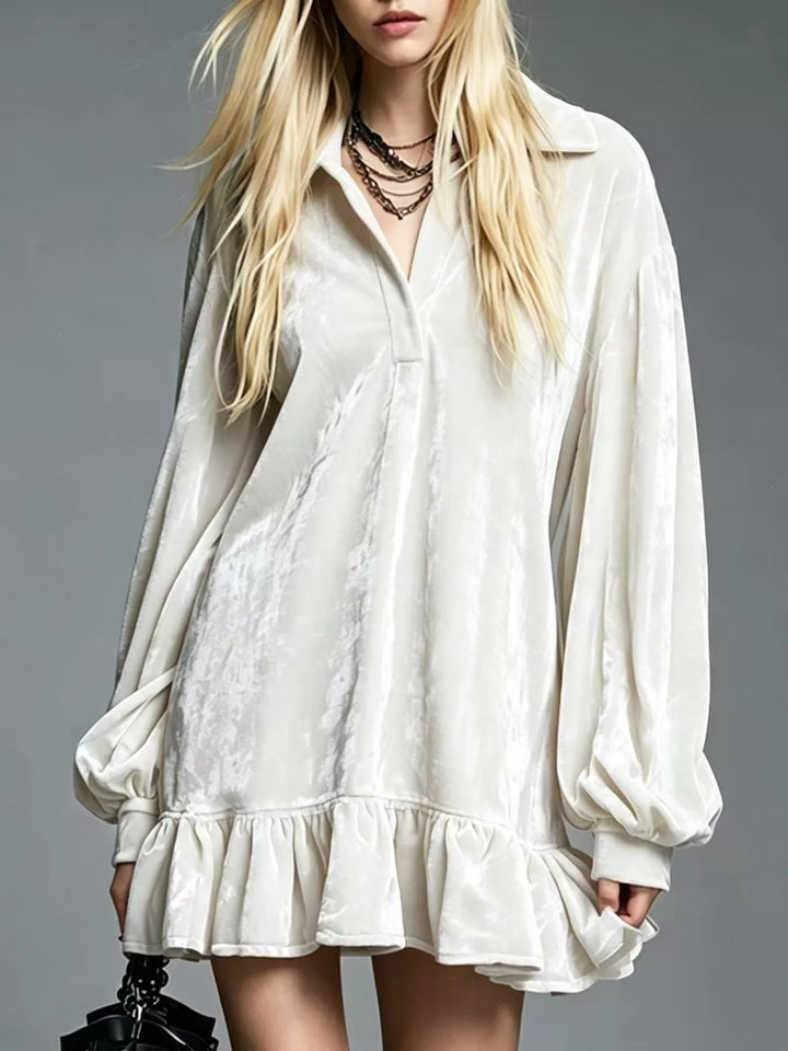 White velvet long-sleeve mini dress with button front and ruffle hem