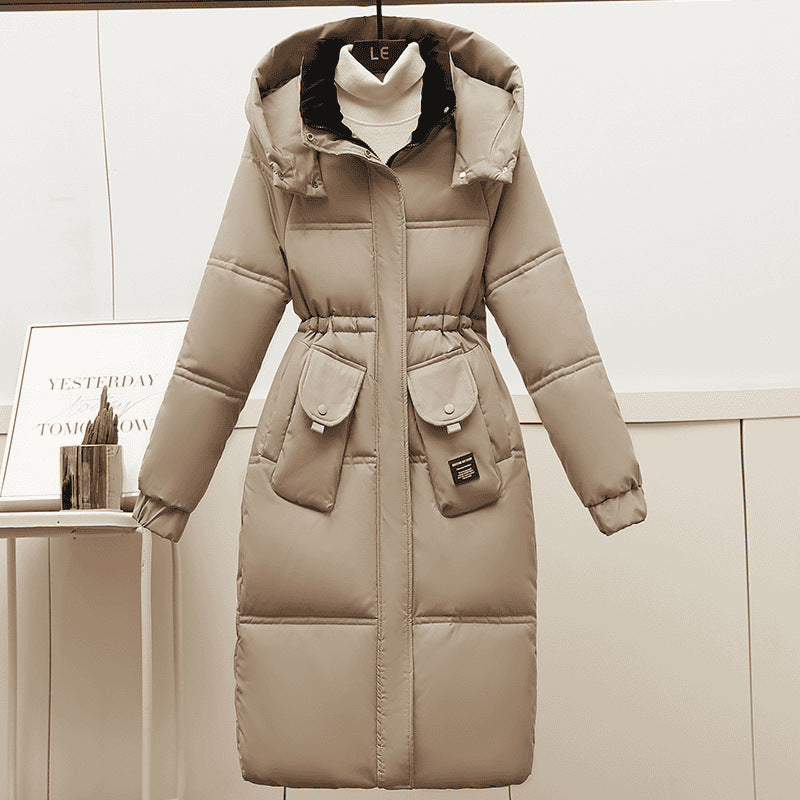 Khaki Women's Plus Size Long Hooded Puffer Coat With Gathered Waist, Front View