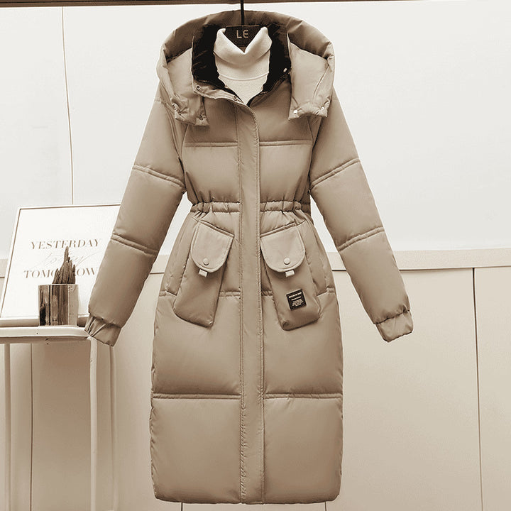Khaki Women's Plus Size Long Hooded Puffer Coat With Gathered Waist, Front View
