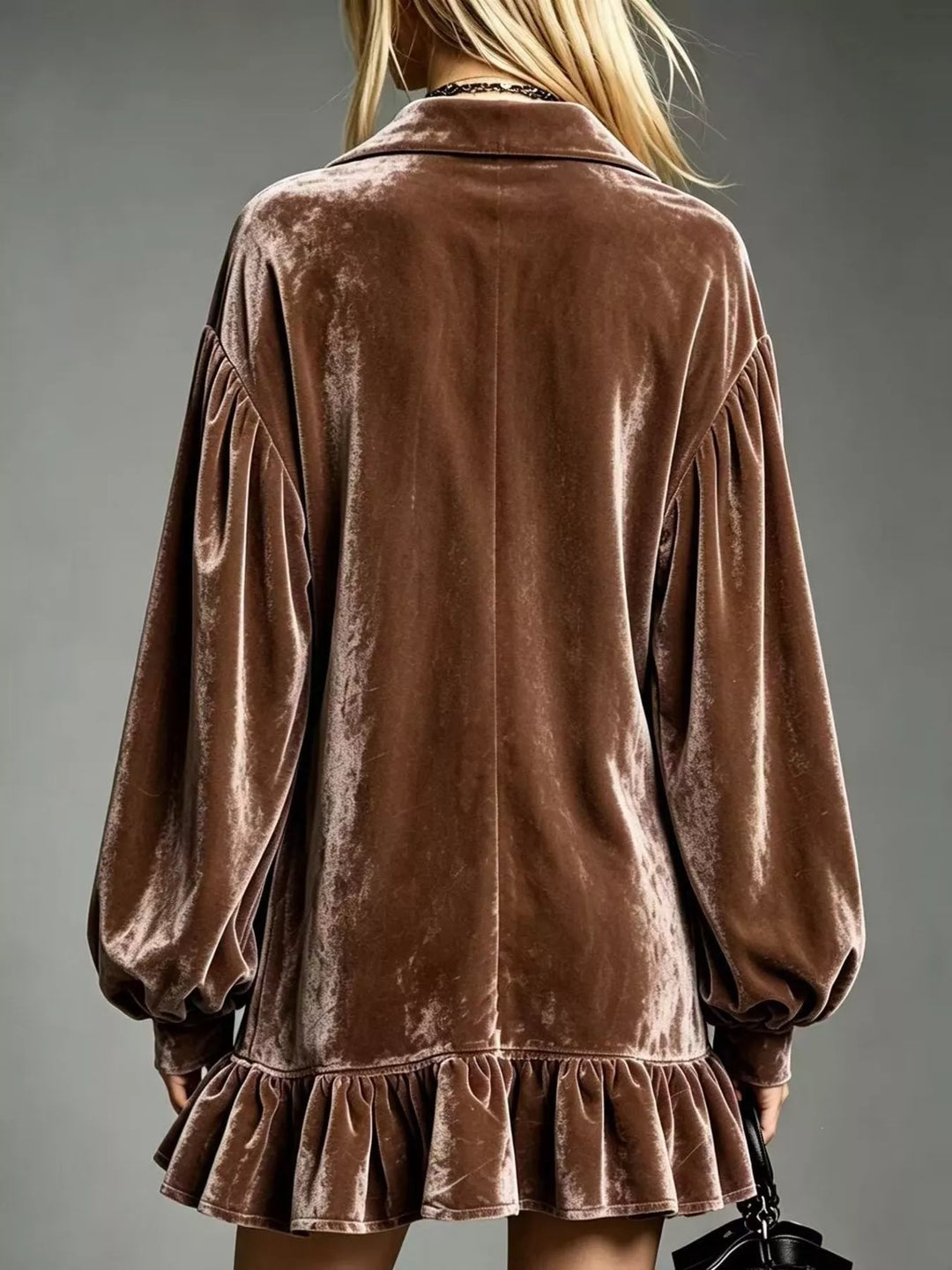Brown velvet long-sleeve mini dress back view with ruffle hem and gathered sleeves