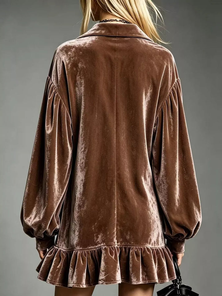 Brown velvet long-sleeve mini dress back view with ruffle hem and gathered sleeves