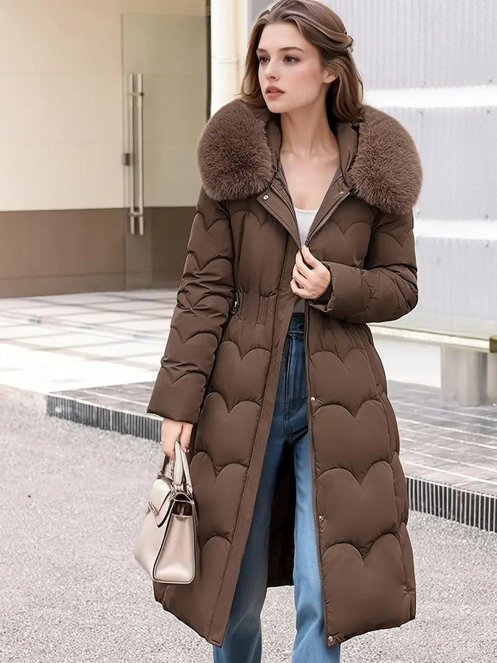 Women's Brown-Toned Khaki Long Quilted Coat With Oversized Collar, Worn Open With Jeans
