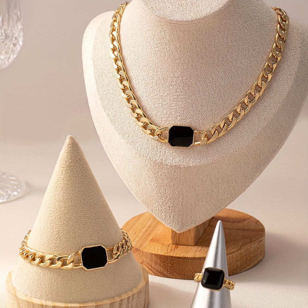 Geometric Black Stone Necklace Bracelet Ring Set - Flossy Mom