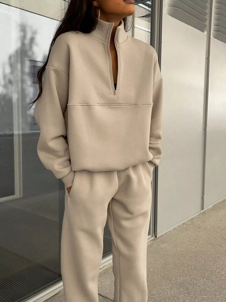 Women's Apricot Half-Zip Sweatshirt And Matching Pants, Front Close-Up