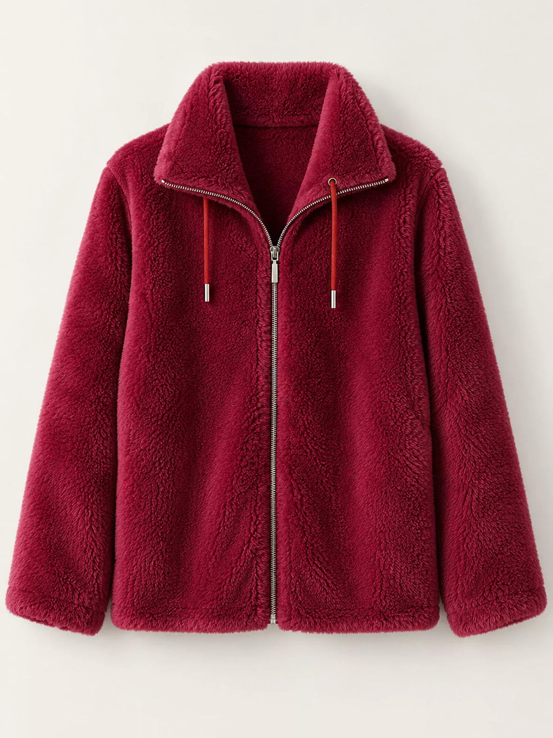 Burgundy faux fur zip jacket with stand collar and hood drawstrings