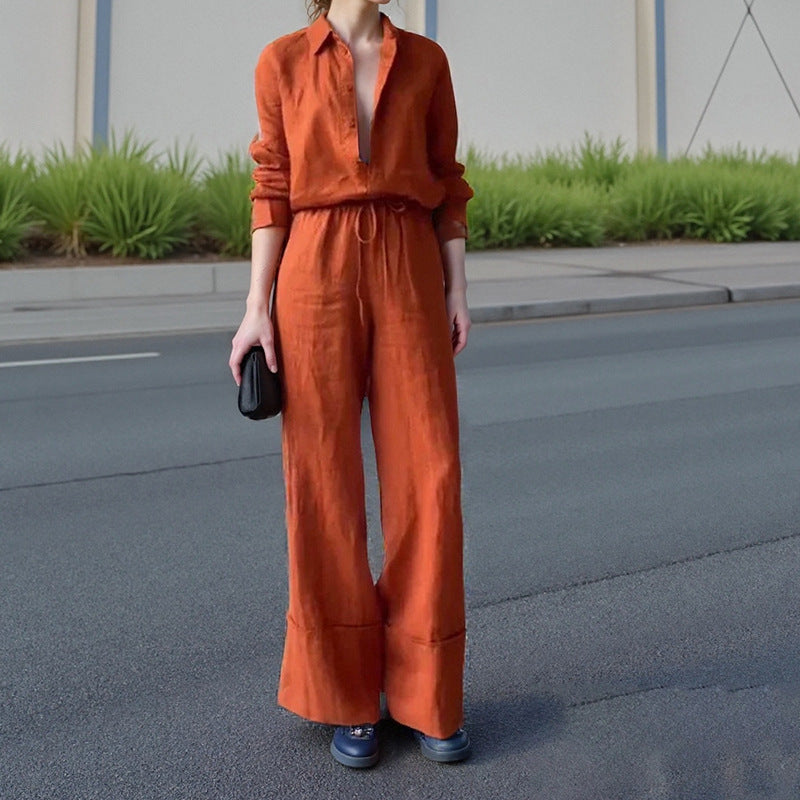 Woman wearing orange 2Pcs Button collared shirt & pants outfit.