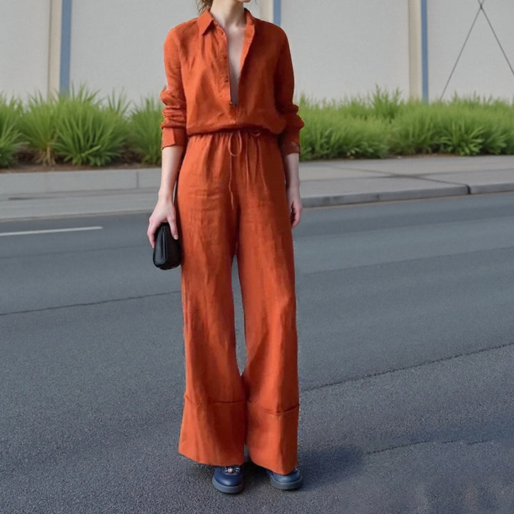Woman wearing orange 2Pcs Button collared shirt & pants outfit.
