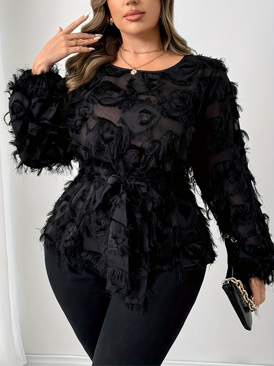 Boss-Lady Mesh Lace Belt Detail Plus Size Shirts - Flossy Mom
