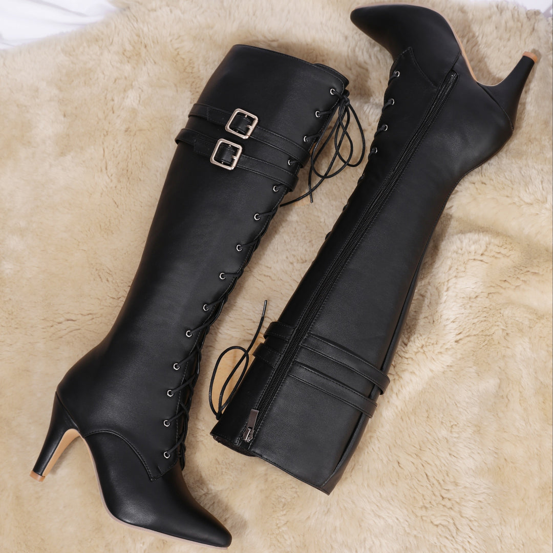 Sexy Buckles Zipper PU Leather Knee-High Riding Boots - Flossy Mom