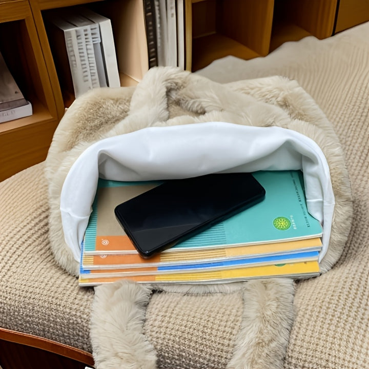 Oversized Fluffy Faux Fur Handbag with Cosmetic Pouch - Flossy Mom