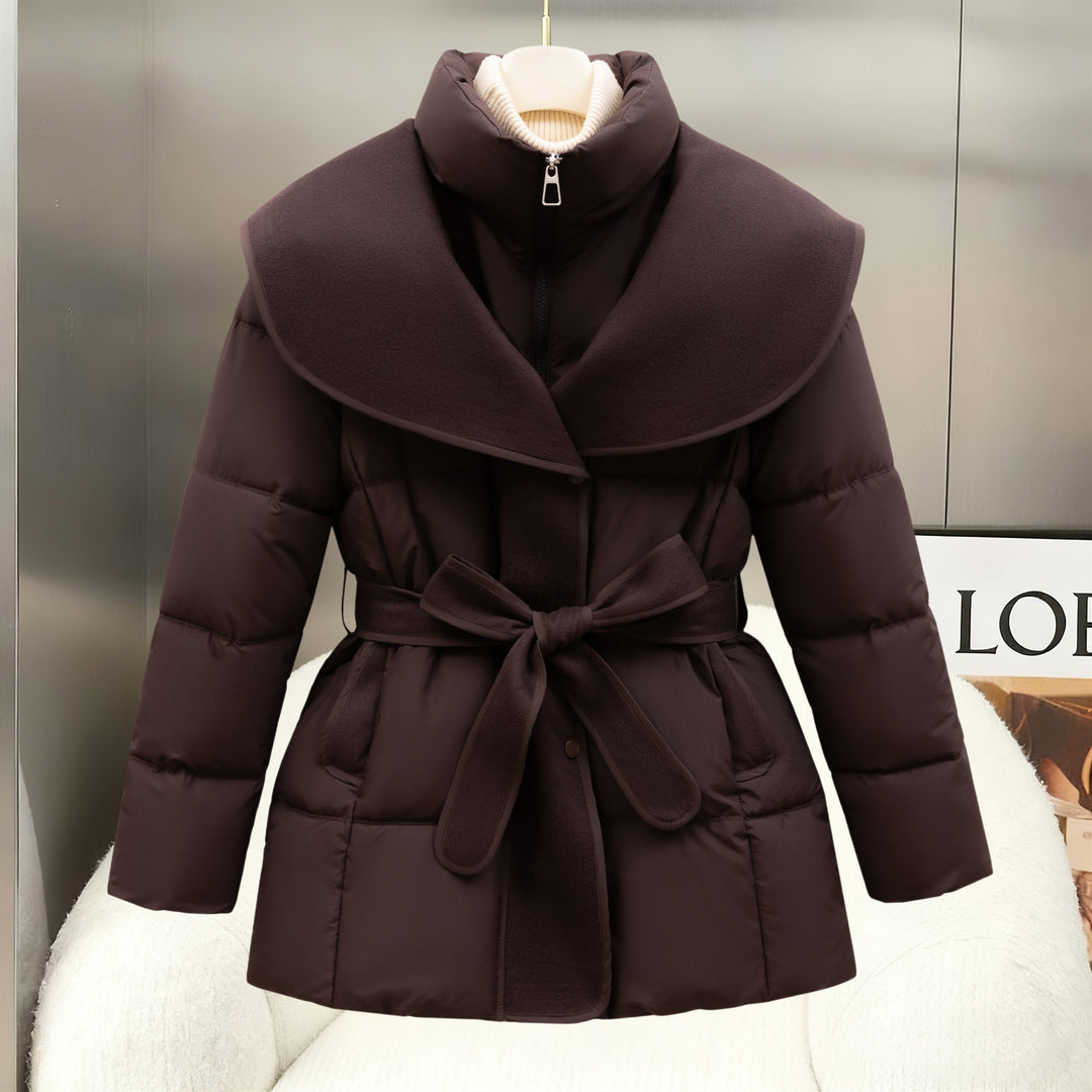 Brown belted quilted puffer coat with statement collar and bow waist tie