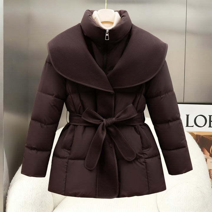 Brown belted quilted puffer coat with statement collar and bow waist tie