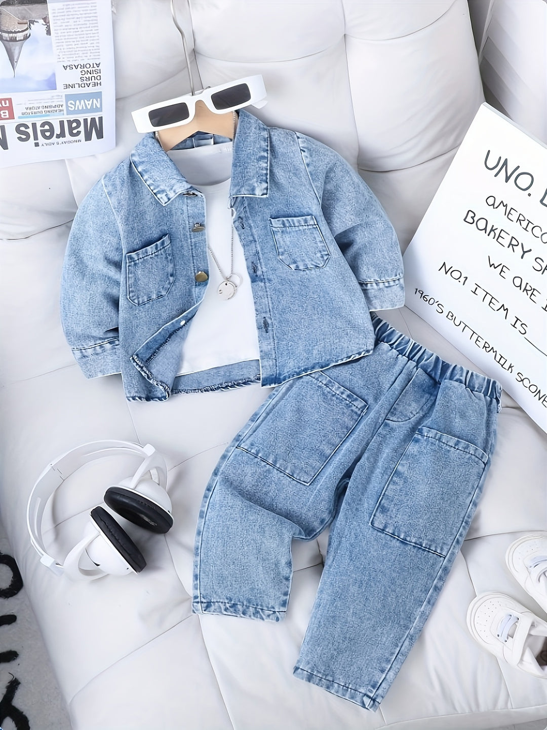 Denim outfit with jacket and pants on a white surface