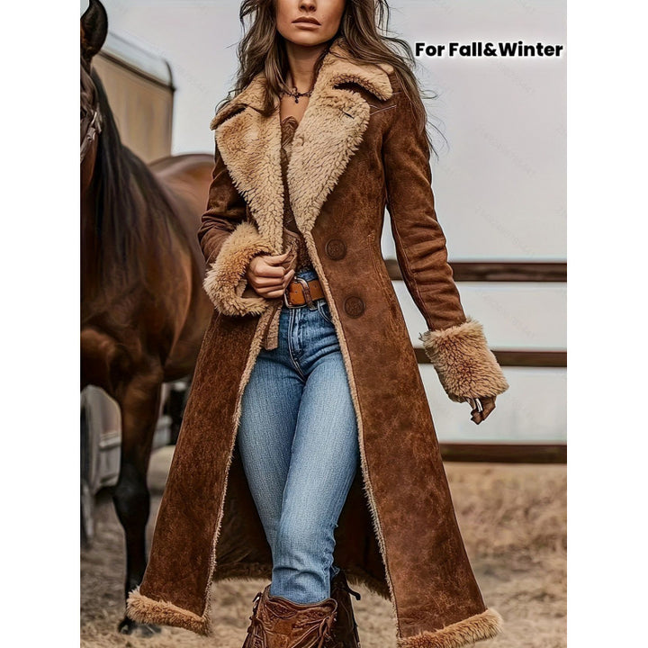 Women's Dark Brown Western Coat With Tan Plush-Look Collar, Cuffs, And Hem