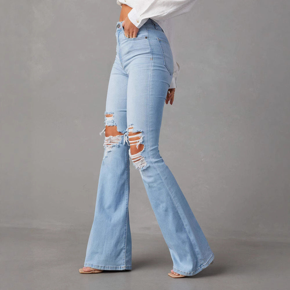 Streetwear High Waist Ripped Flare Women's Denim Jeans