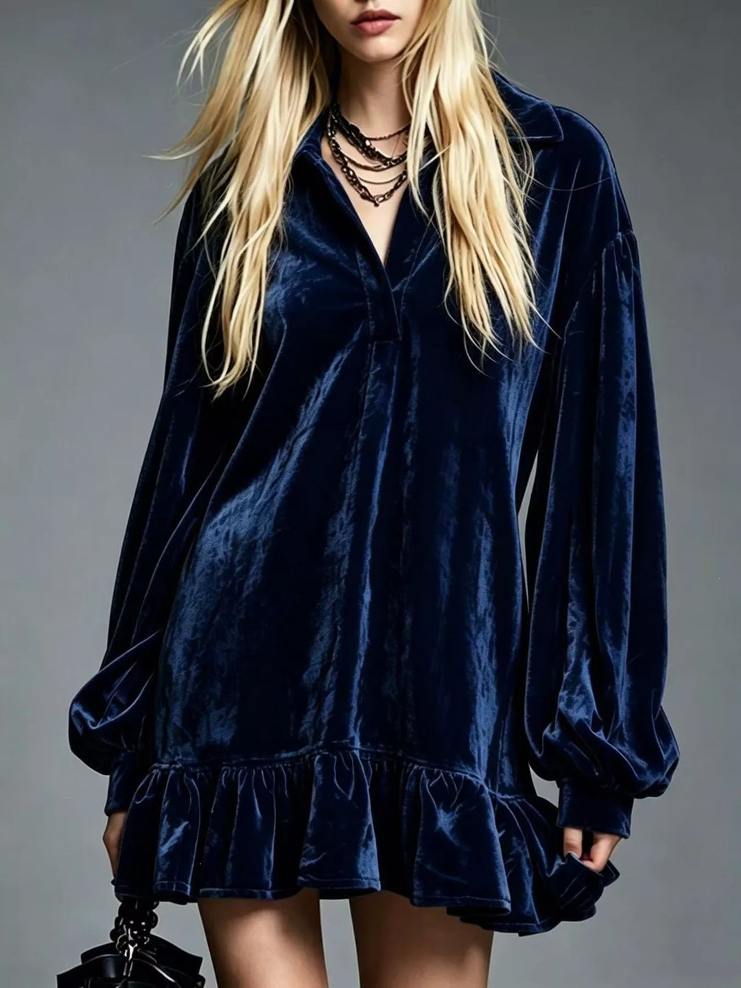 Dark blue velvet long-sleeve mini dress with button front and ruffle hem