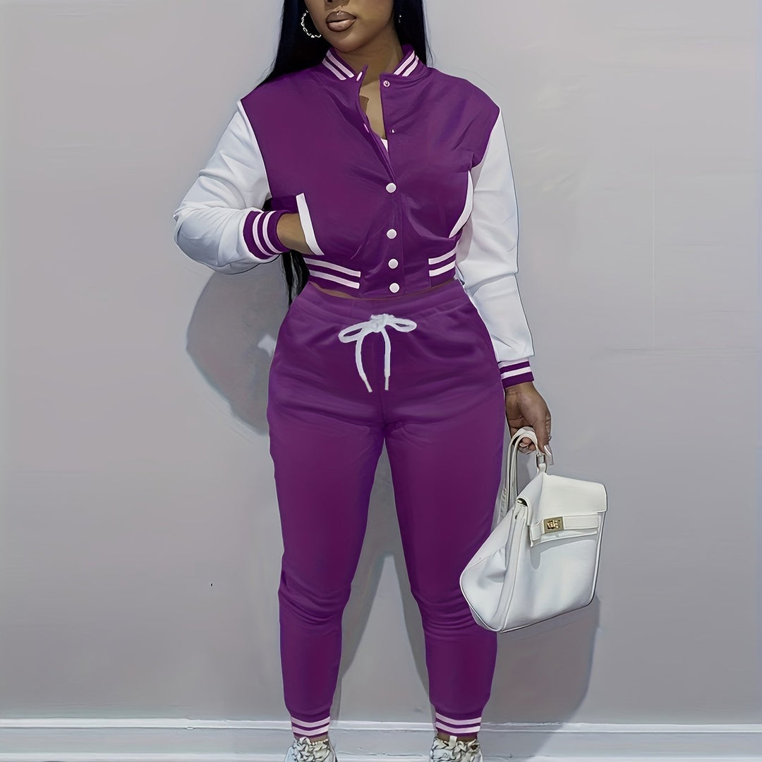 Trendy Streetwear Crop Baseball Jacket & Pants Set - Flossy Mom