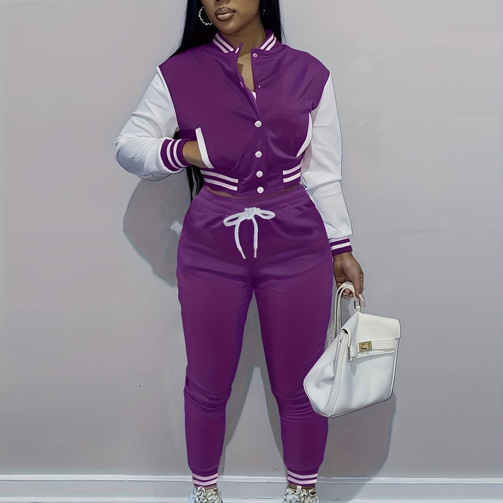Trendy Streetwear Crop Baseball Jacket & Pants Set - Flossy Mom