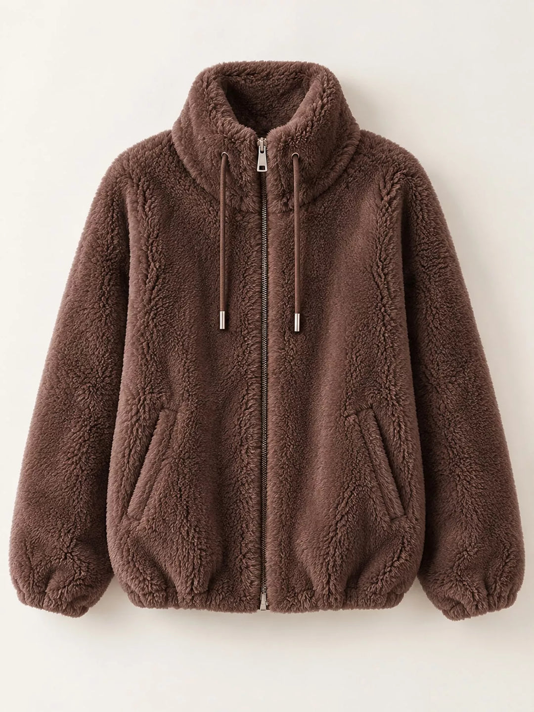 Plus size faux fur zip jacket with stand collar, drawstring hood, dark brown