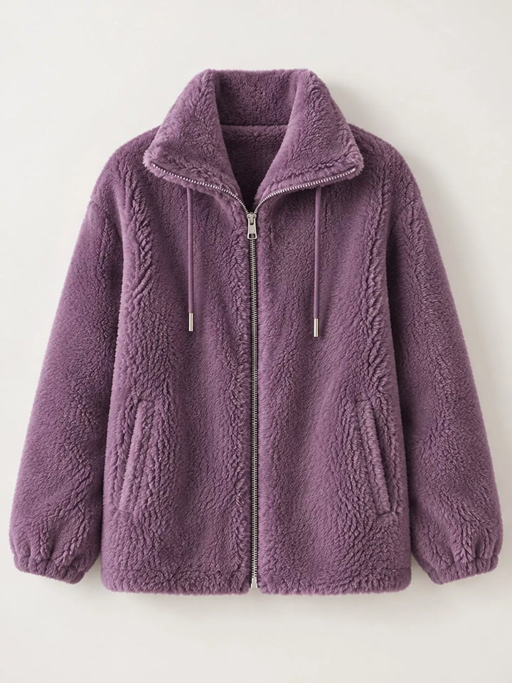 Purple faux fur zip jacket with stand collar, hood drawstrings, and pockets