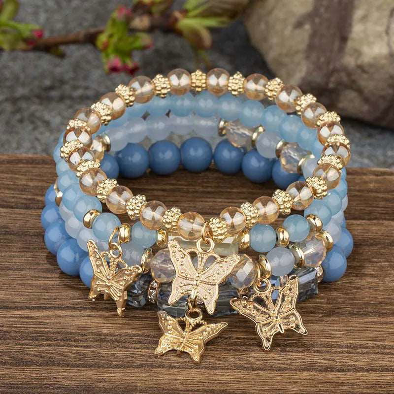 4pcs Multi Layered Butterfly Crystal Beaded Chain Bangle Bracelets - Gen U Us Products -  
