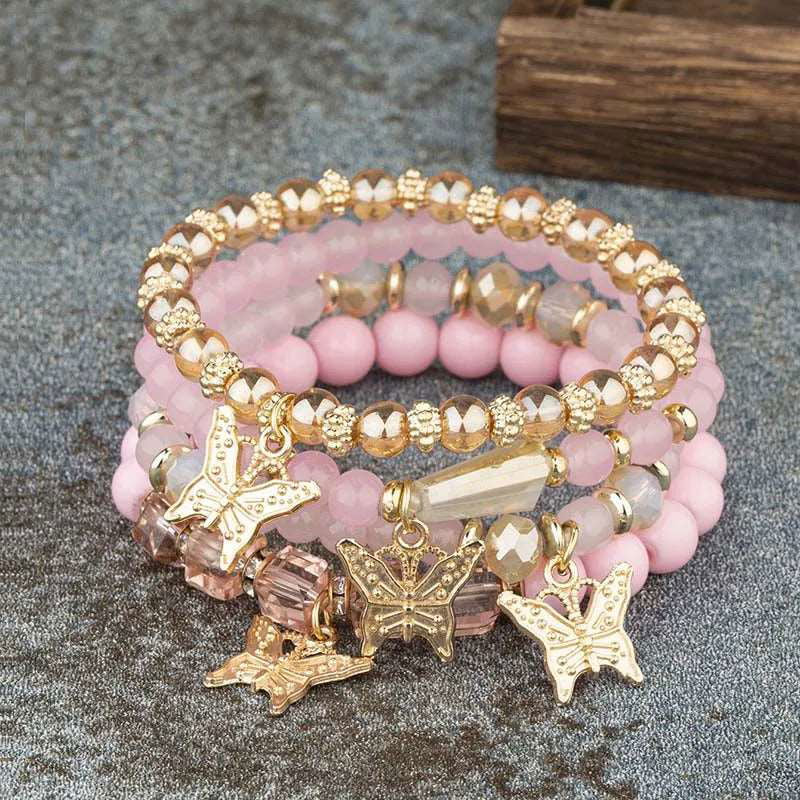 4pcs Multi Layered Butterfly Crystal Beaded Chain Bangle Bracelets - Gen U Us Products -  