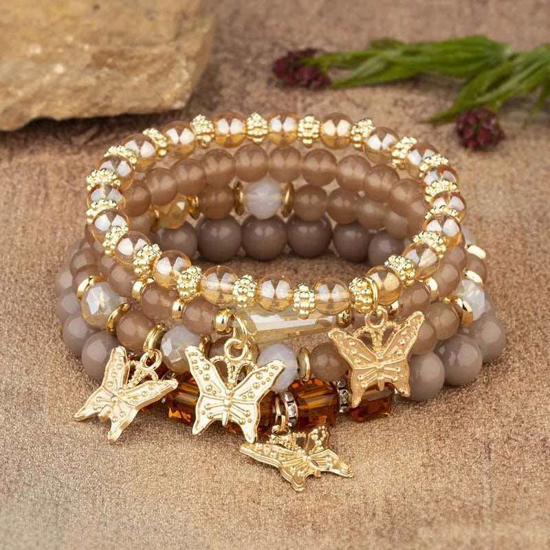 4pcs Multi Layered Butterfly Crystal Beaded Chain Bangle Bracelets - Gen U Us Products -  