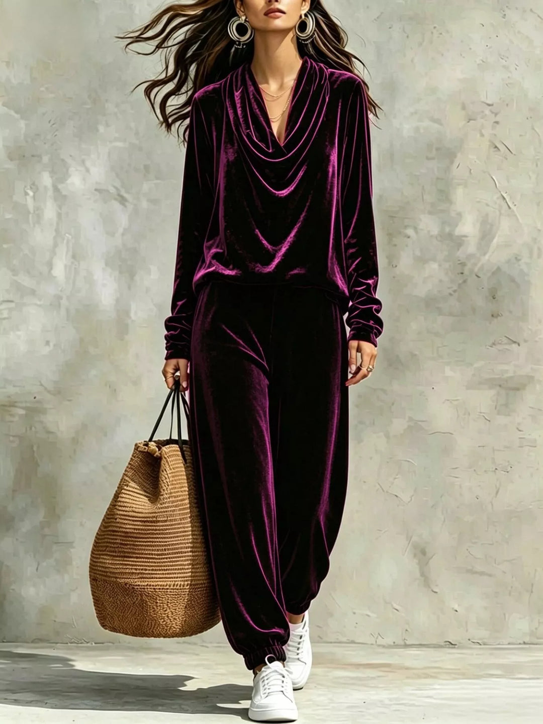 Purple velvet cowl-neck long-sleeve top and matching jogger pants set