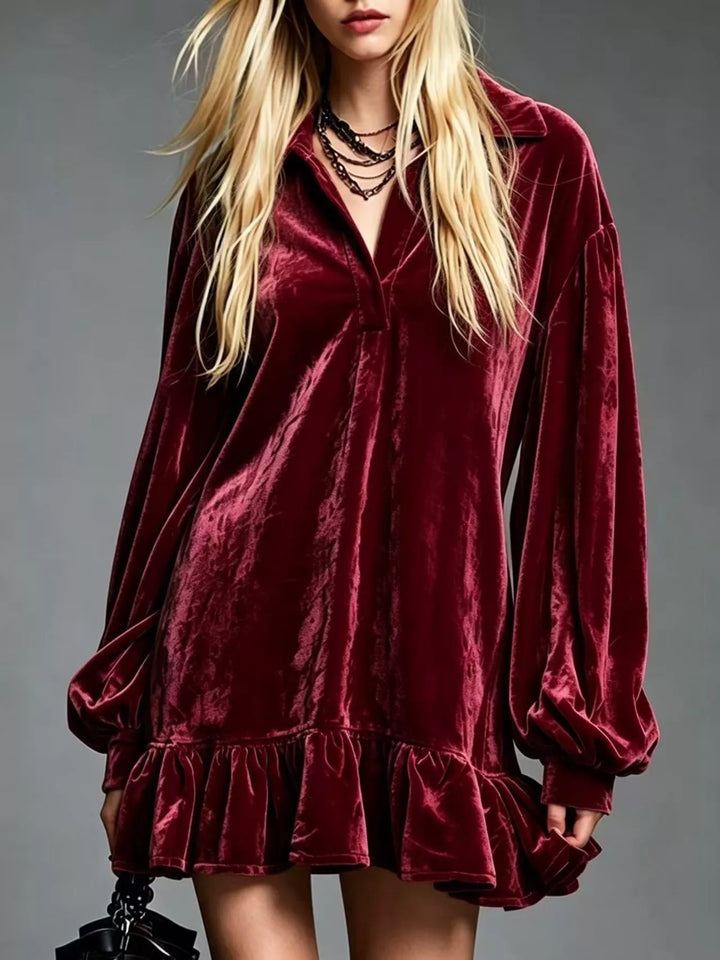 Wine red velvet long-sleeve mini dress with ruffle hem and V-neck placket
