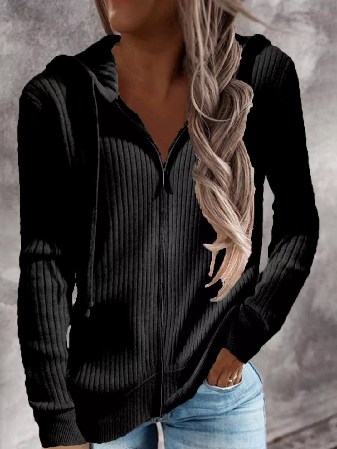 Women's Plus Size Black Ribbed Knit Zip-Up Hooded Cardigan, Front View With Jeans