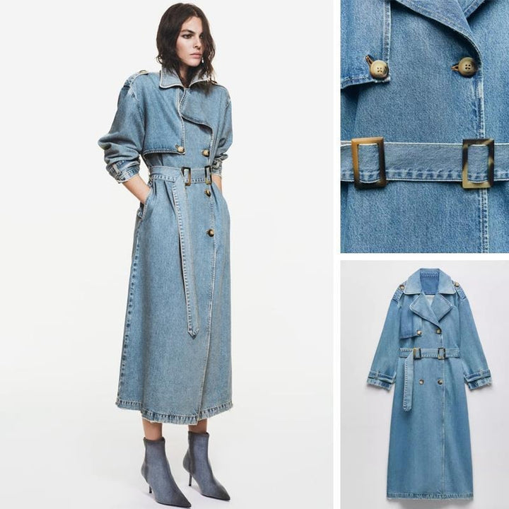 Dollish Detailed Double-breasted Mid Length Denim Trench Coats